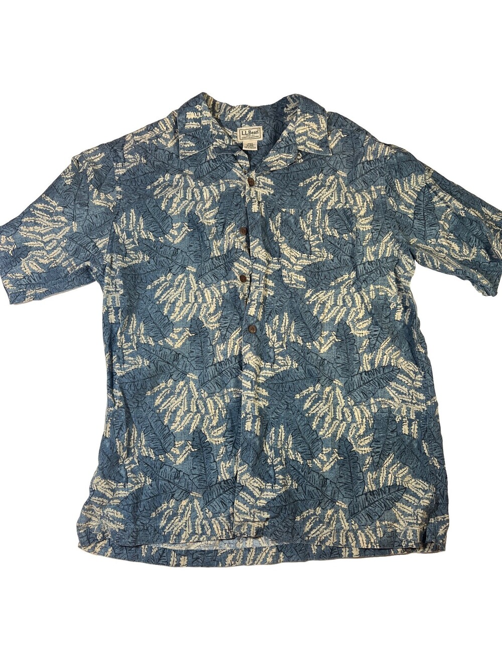LL Bean Mens Button Up Hawaiian Palm Leaf Tropical Floral Shirt Men's Size M